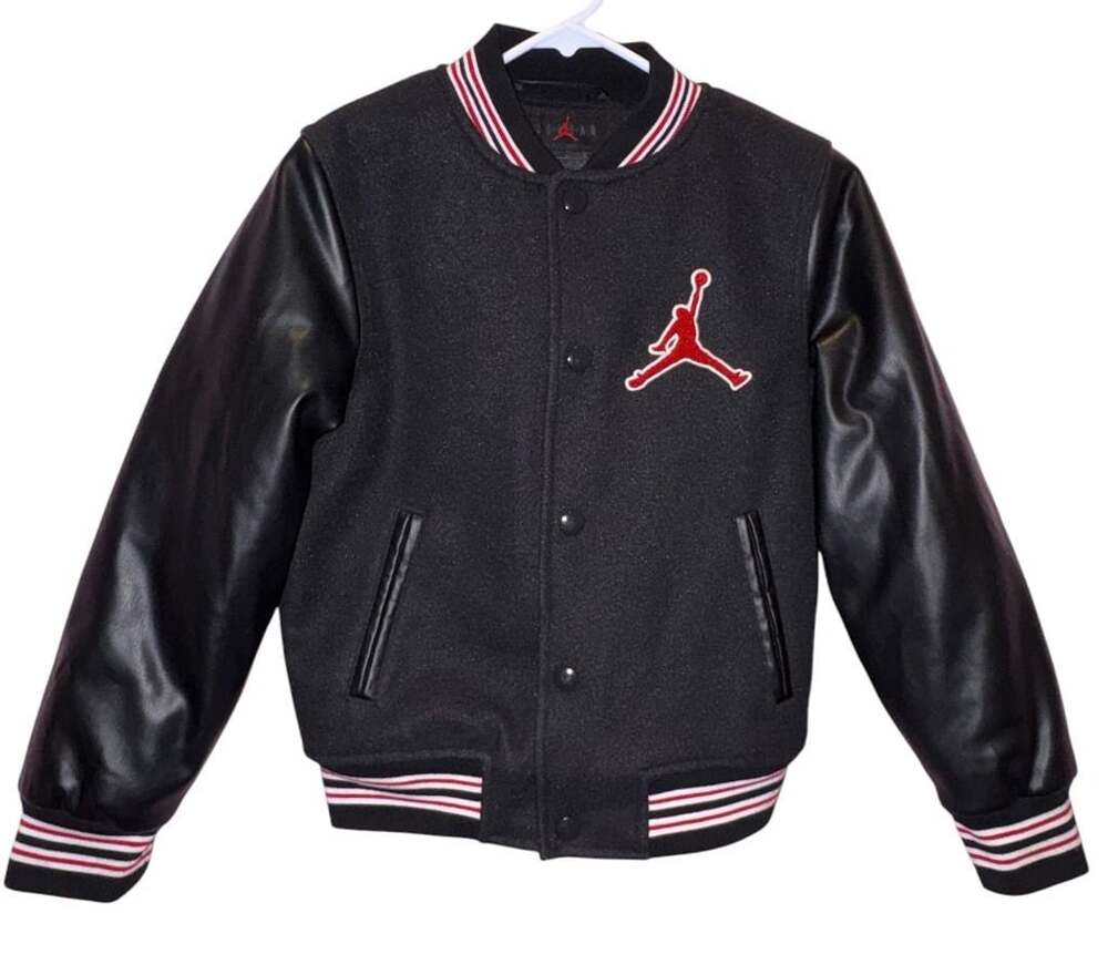 Jordan Flight Kids Varsity Jacket Black Red Faux Leather Size 10-12 Years M